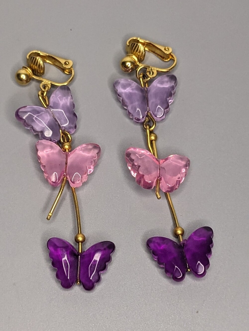 Avon Earrings Butterfly Clip On Drop Pink Purple Dangle Vintage Cute Accessory